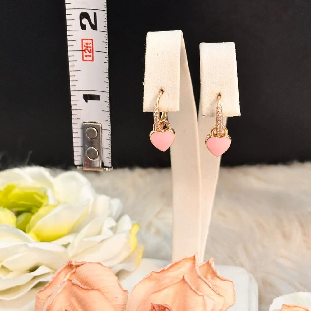 Pink Heart Enamel and Gold Charm Hoop Earrings NEW!